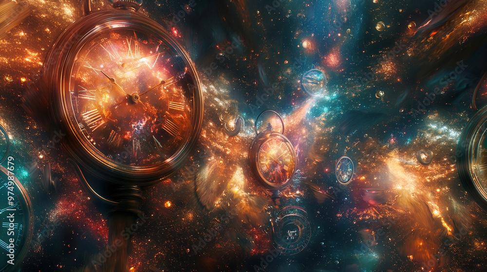 An endless stream of clocks flowing through a cosmic landscape, time depicted as liquid light cascading through the stars. The clocks are in various states of decay, some melting An endless stream of clocks flowing through a cosmic landscape, time depicted as liquid light cascading through the stars. The clocks are in various states of decay, some melting