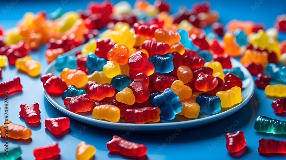 On a blue platter are different kinds of gummy candy, gummy bears, stock images, Adobe stock, viral, trending, and best-selling content
On a blue platter are different kinds of gummy candy, gummy bears, stock images, Adobe stock, viral, trending, and best-selling content
