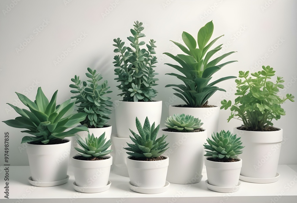 Various potted green plants and herbs, including a small tree, succulents, and leafy plants, all in white pots against a white background Various potted green plants and herbs, including a small tree, succulents, and leafy plants, all in white pots against a white background