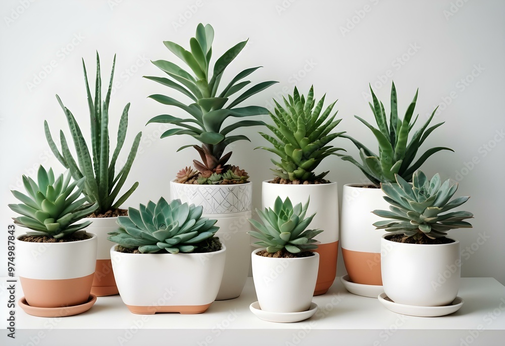 Various potted green plants and herbs, including a small tree, succulents, and leafy plants, all in white pots against a white background Various potted green plants and herbs, including a small tree, succulents, and leafy plants, all in white pots against a white background
