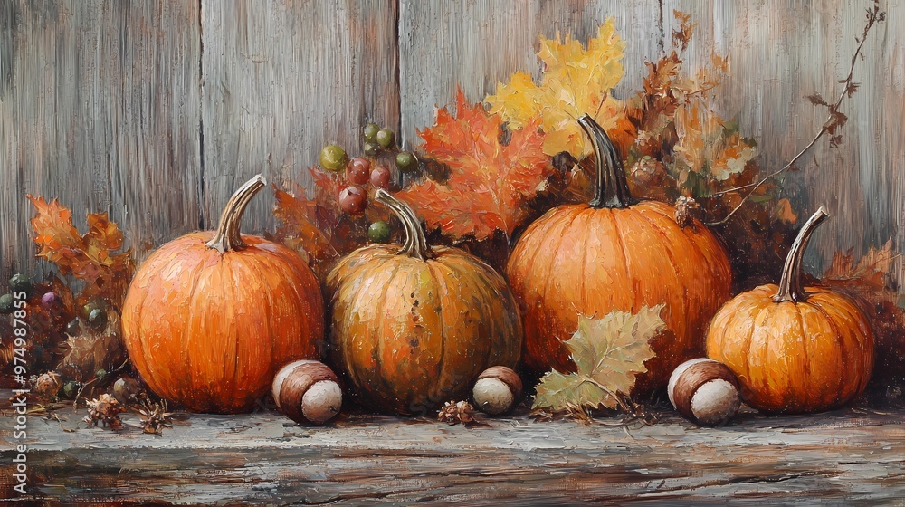 Autumn's Rustic Bounty: A still life painting of pumpkins and gourds nestled amongst colorful fall leaves and acorns on a rustic wooden shelf. Autumn's Rustic Bounty: A still life painting of pumpkins and gourds nestled amongst colorful fall leaves and acorns on a rustic wooden shelf.