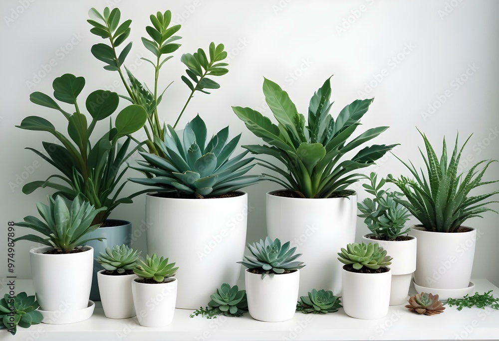 Various potted green plants and herbs, including a small tree, succulents, and leafy plants, all in white pots against a white background Various potted green plants and herbs, including a small tree, succulents, and leafy plants, all in white pots against a white background