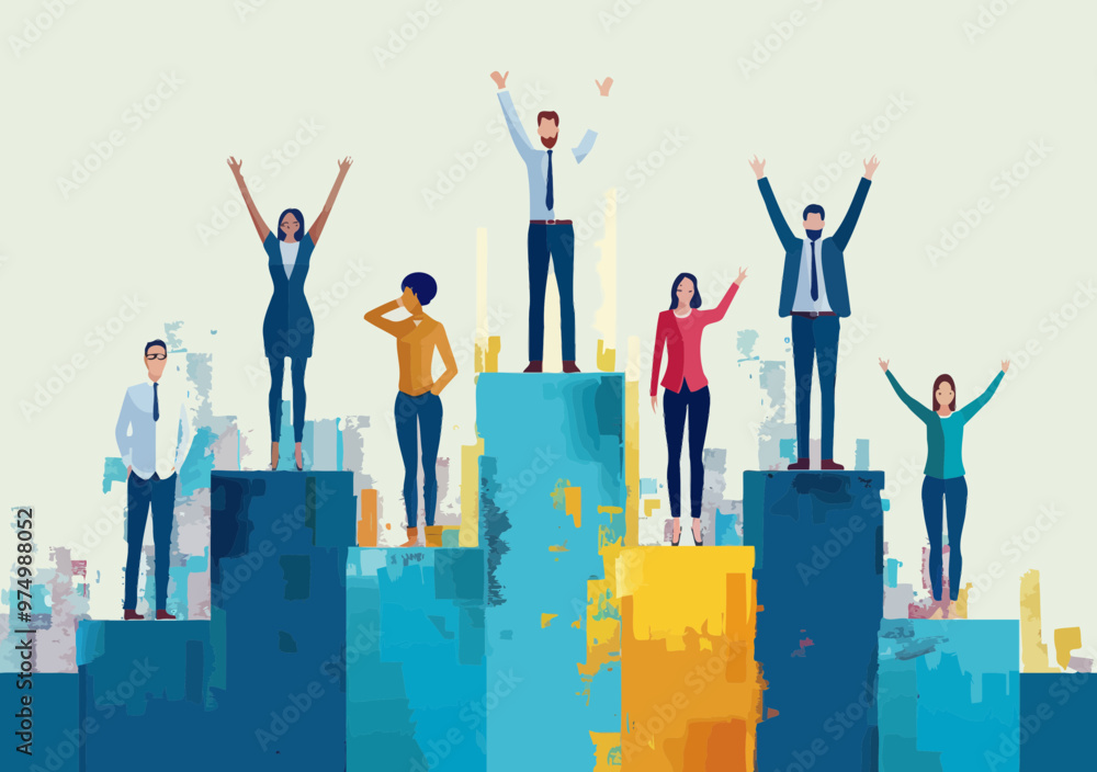 © Perfect Vector - Top Office Workers Celebrating Success on Podium, Best Colleagues Ranked, Business Team Achievement, Winner Stage, Minimalistic Vector Illustration