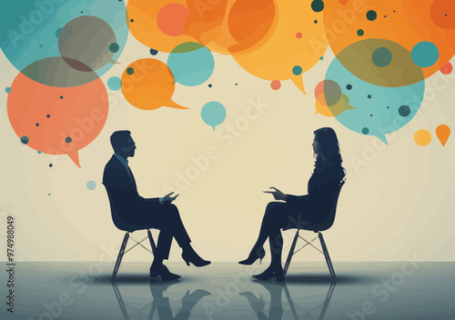 Business Discussion Between Professionals with Speech Bubbles, Vector Illustration, Collaborative Communication, Modern Minimalistic Design, Bright Colors, Business Concept