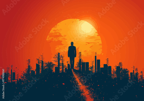 Business Leader Walking Against the Trend at Sunset, Economy and Investment Concept, Minimalistic Vector Illustration