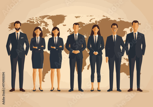 Global Business Team on World Map Illustration - Diverse Professionals in Formal Attire Representing International Collaboration and Corporate Strategy, Minimalistic Vector Art