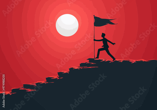 Silhouette of Determined Businessperson Climbing Rocky Path Holding Flag Against Red Sunset, Overcoming Obstacles, Concept of Persistence and Achievement in Business