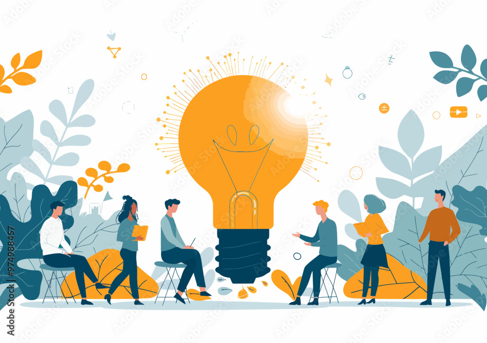 Team Brainstorming Session with Light Bulb Symbolizing New Ideas and Problem Solving, Collaborative Business Discussion, Minimalistic Vector Illustration, Concept of Innovation and Creativity Team Brainstorming Session with Light Bulb Symbolizing New Ideas and Problem Solving, Collaborative Business Discussion, Minimalistic Vector Illustration, Concept of Innovation and Creativity