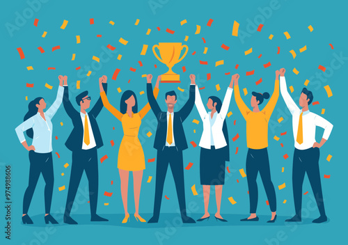 Team Celebrating Victory with Trophy and Confetti, Business Success, Employee Achievement, Office Celebration, Vector Illustration, Corporate Teamwork, Happy Colleagues, Workplace Party, Daytime Event