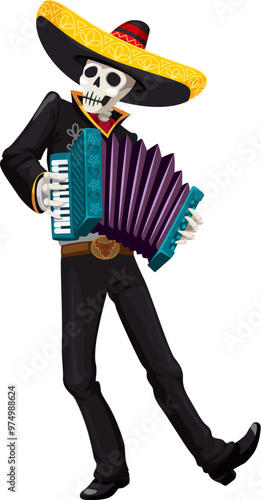 Cartoon day of the dead dia de los muertos mexican mariachi musician character skeleton wearing traditional sombrero, passionately plays an accordion, celebrating festive event with lively music