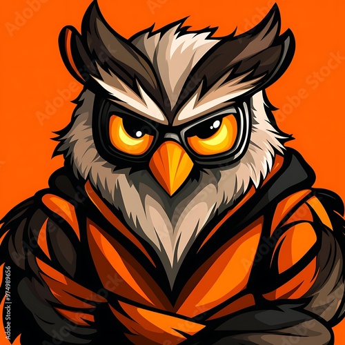 Cool Owl Mascot Wearing Glasses and Hoodie, Gaming Logo Design photo