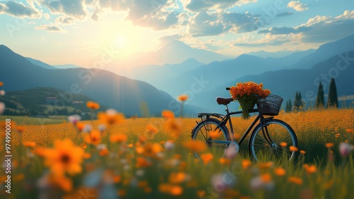 a bicycle with a basket filled with flowersis parked in a field of flowers against the background of mountains photo