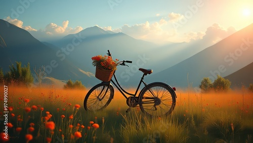 a bicycle with a basket filled with flowersis parked in a field of flowers against the background of mountains photo