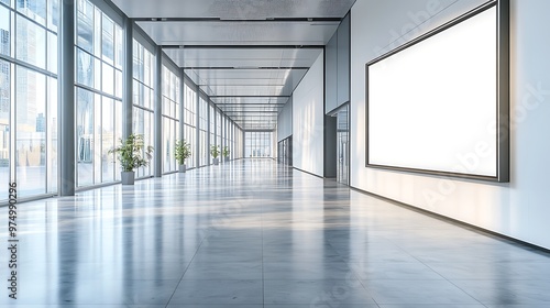 A blank billboard set against an open floor with natural light streaming in, providing ample space for design placement