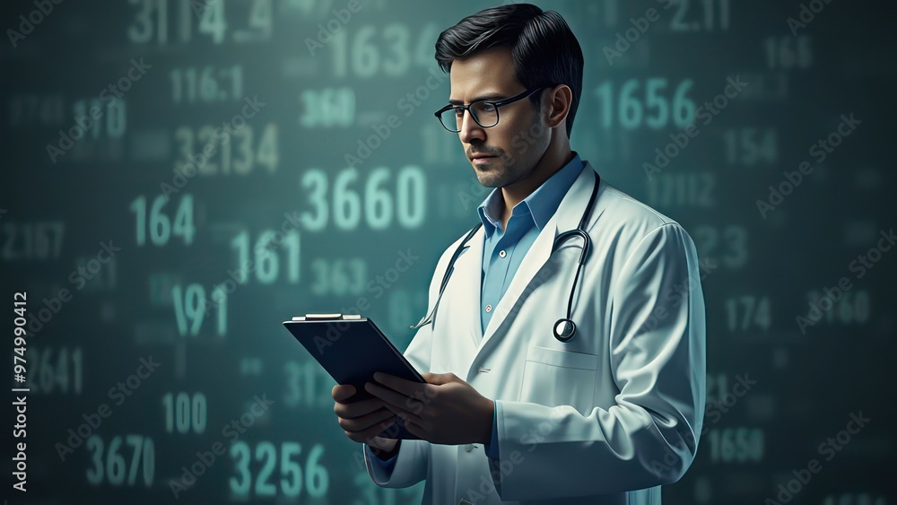 a man in glasses in a white coat with a notepad in his hand and virtual flying numbers around him, pictures a man in glasses in a white coat with a notepad in his hand and virtual flying numbers around him, pictures
