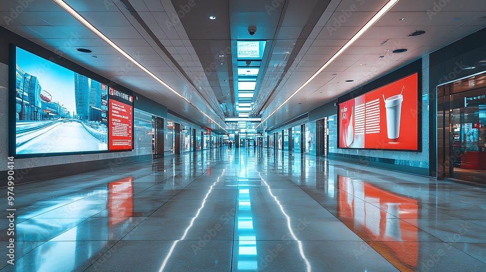 Fototapeta premium Clean and minimal empty floor featuring a prominent billboard in the foreground, waiting for promotional content