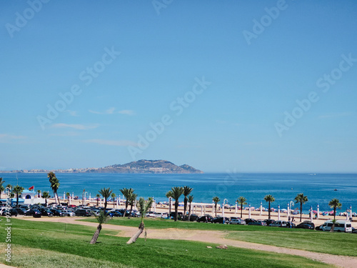 Fnideq, Morocco - August 21, 2024 : high angle view of Riffiine beach in a summer day