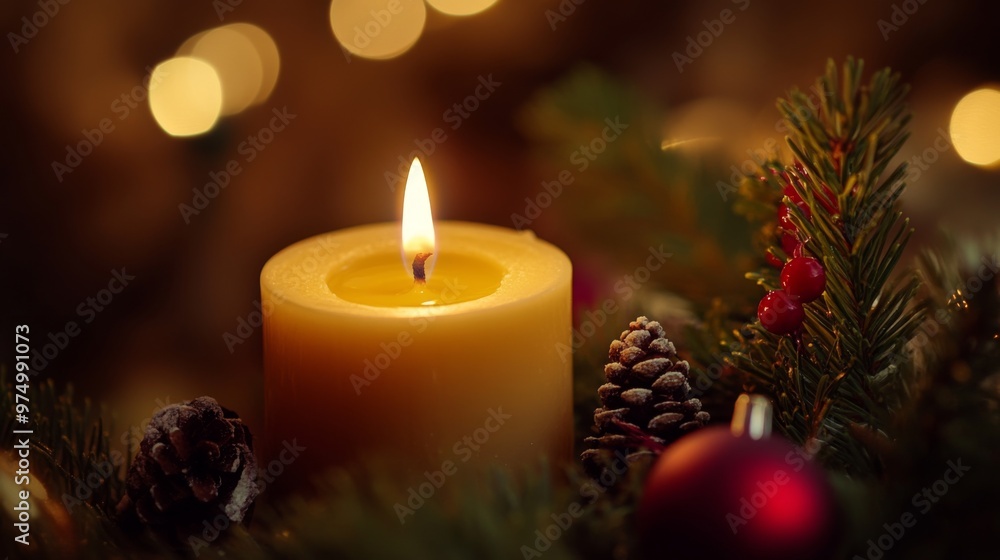 A Lit Candle Surrounded by Pine Branches and Christmas Ornaments A Lit Candle Surrounded by Pine Branches and Christmas Ornaments