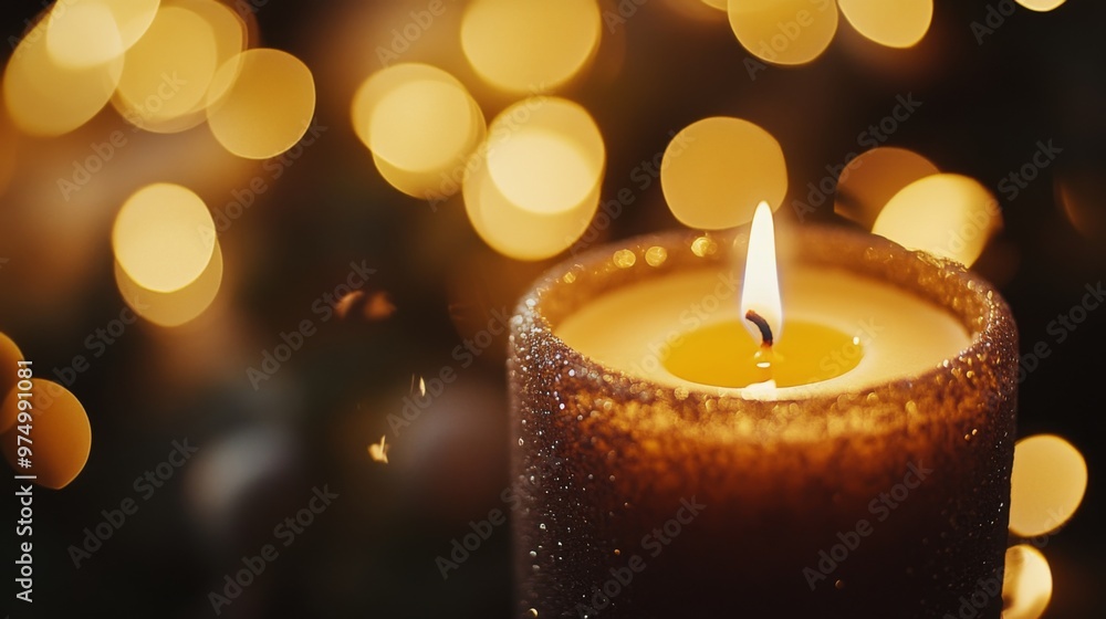 A Single Burning Candle With a Glittery Surface and Bokeh Lights in the Background A Single Burning Candle With a Glittery Surface and Bokeh Lights in the Background