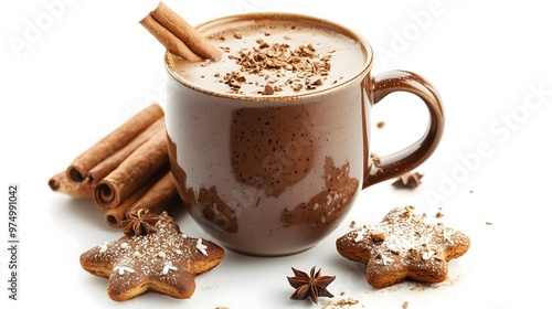 Сocoa in a mug, with chocolate, cinnamon, cloves and gingerbread, isolated on a white background. AI generation