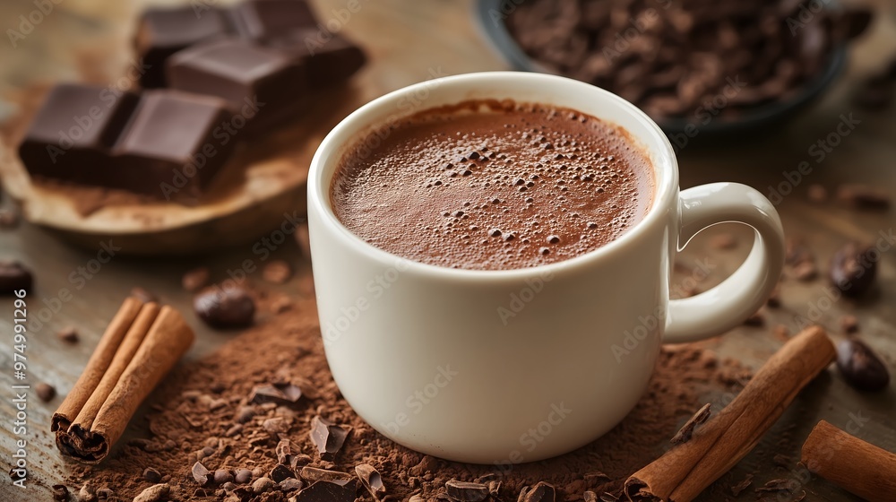 a mug of aromatic hot cocoa with chocolate chips, on a cozy wooden background. Coffee cappuccino. AI generation a mug of aromatic hot cocoa with chocolate chips, on a cozy wooden background. Coffee cappuccino. AI generation