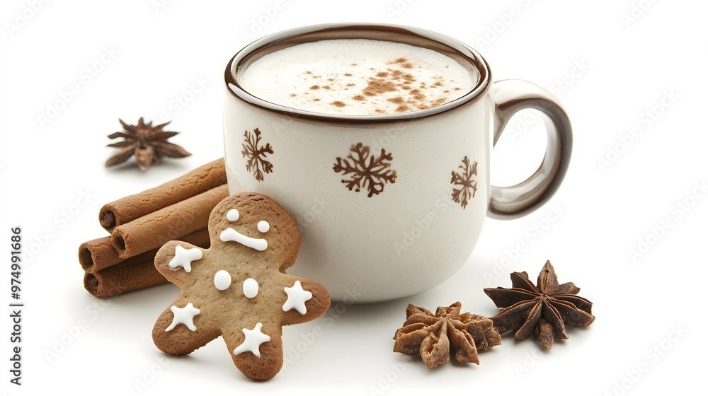 Сocoa in a mug, with chocolate, cinnamon, cloves and gingerbread, isolated on a white background. AI generation Сocoa in a mug, with chocolate, cinnamon, cloves and gingerbread, isolated on a white background. AI generation