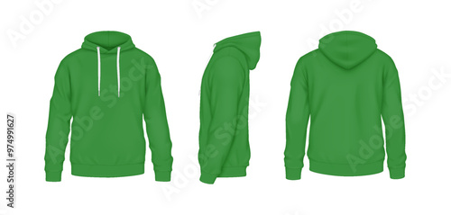 Green cotton hoodies with logo mockup realistic vector illustration set. Colorful outfit with design template 3d models on white background