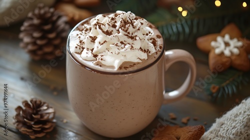 a mug of aromatic hot cocoa with cream and chocolate chips, on a cozy wooden christmas background. Coffee cappuccino. AI generation