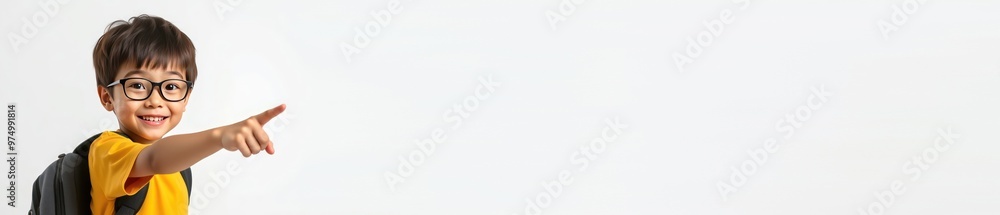 little boy (6 years old, smile, looking at camera, yellow t-shirt, glasses, backpack), pupil points with her finger to the side on white background, hand pointing empty place little boy (6 years old, smile, looking at camera, yellow t-shirt, glasses, backpack), pupil points with her finger to the side on white background, hand pointing empty place