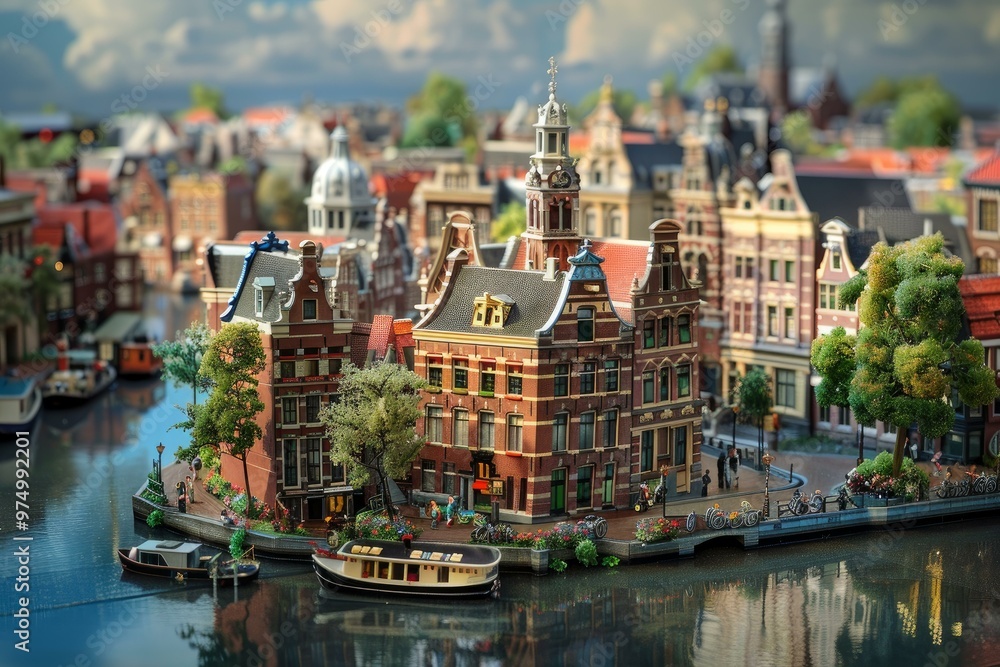 Naklejka premium Miniature dutch city with canals, bridges, and traditional houses is bathed in sunlight