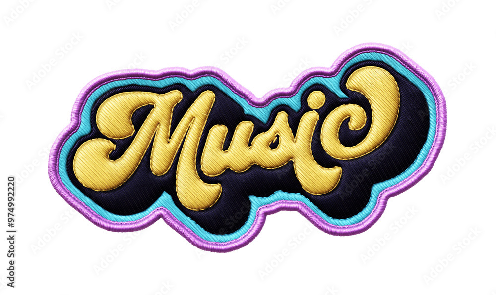 Word ‘Music’ written in retro script font with puff embroidery patch effect isolated on transparent background. 3D rendering Word ‘Music’ written in retro script font with puff embroidery patch effect isolated on transparent background. 3D rendering