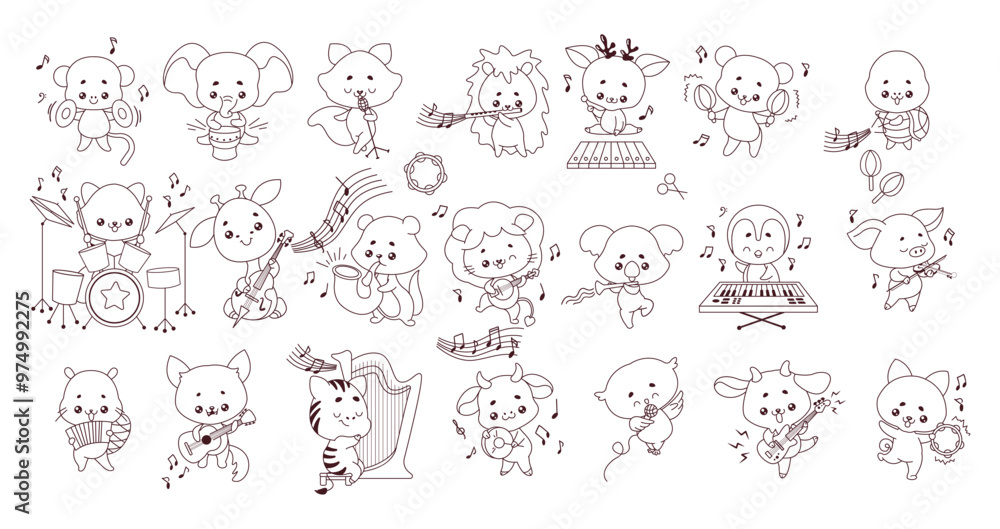 Cute animals musicians line cartoon illustration set. Kawaii creatures with musical instruments outline icons vector characters collection