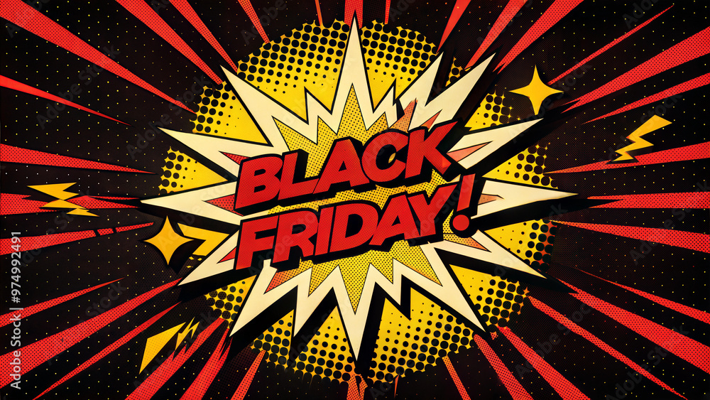 Fototapeta premium Pop Art Black Friday Background, Vibrant Comic Style Explosion with Bold Text