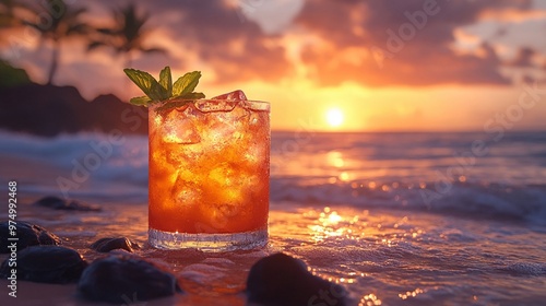 Mai Tai at a sunset luau on a Hawaiian beach photo