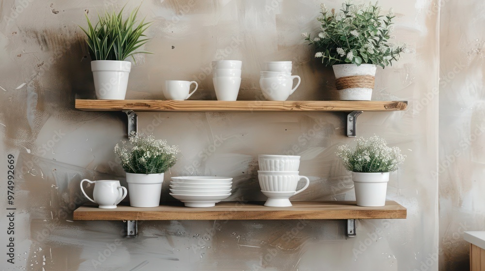 White pots on the wooden shelves White pots on the wooden shelves