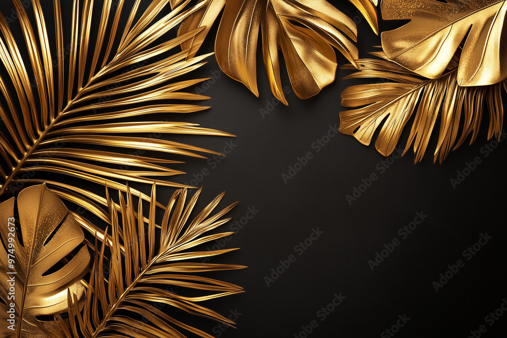 Artistic background - Golden palm leaves texture on black background Artistic background - Golden palm leaves texture on black background