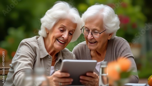 two elderly people looking at a tablet together while sitting in the garden