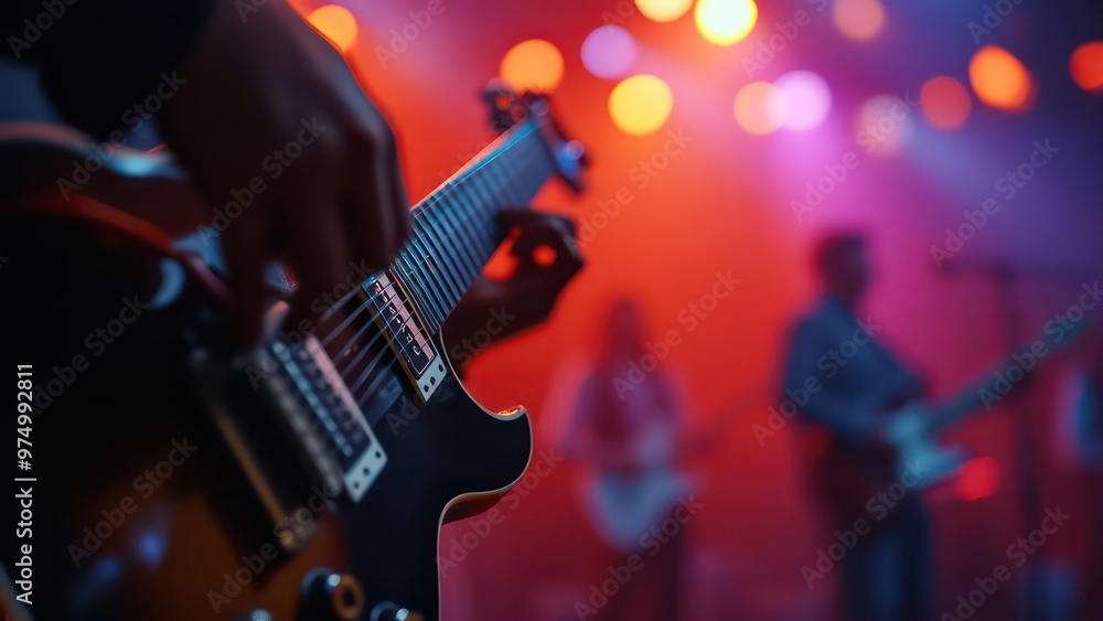 Fototapeta premium Music holiday composition with close up electronic guitar on blurred concert background with bokeh effect