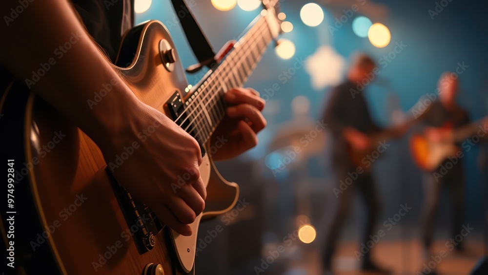Music holiday composition with close up electronic guitar on blurred concert background with bokeh effect Music holiday composition with close up electronic guitar on blurred concert background with bokeh effect