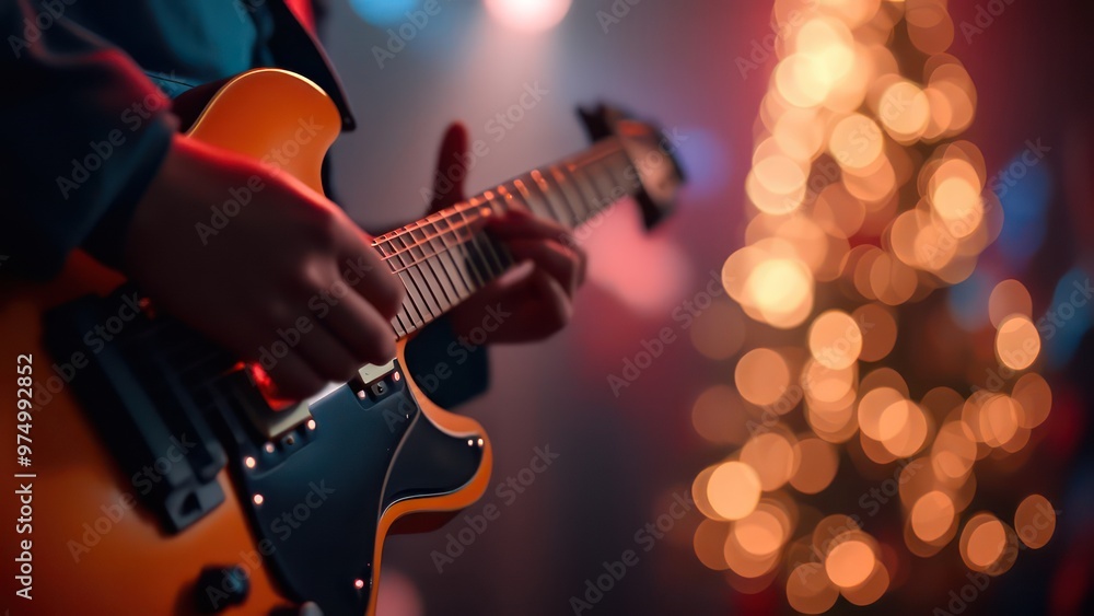 Obraz premium Music holiday composition with close up electronic guitar on blurred concert background with bokeh effect