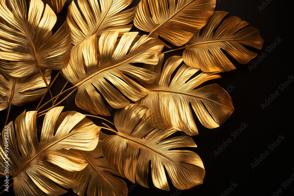Artistic background - Golden palm leaves texture on black background Artistic background - Golden palm leaves texture on black background