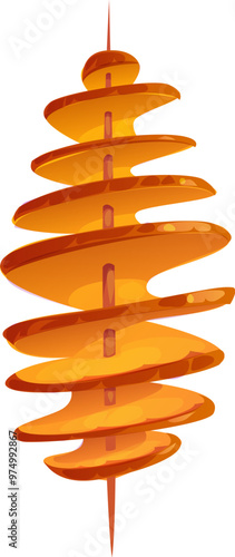 Cartoon tornado potato spiral fast food meal. Isolated vector street food snack. Twisted potato fries, baked or fried vegetable on stick. Spicy crispy chips on wood skewer, fastfood cafe menu dish