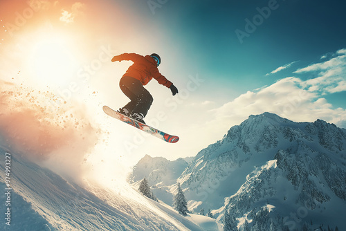 A snowboarder in mid-air, performing an impressive jump over snowy mountains with the sun shining brightly