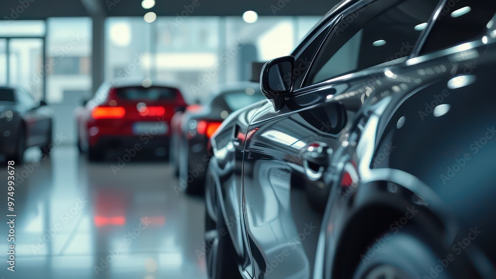 a close up view of a shiny car in a showroom with other vehicles in the background