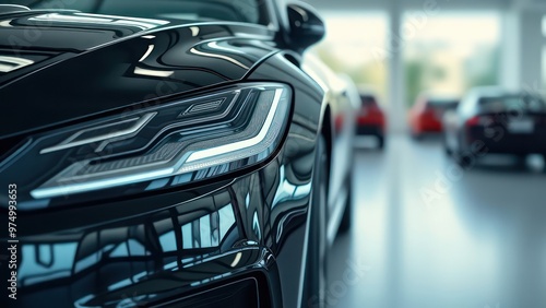 a close up view of a shiny car in a showroom with other vehicles in the background