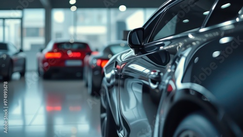 a close up view of a shiny car in a showroom with other vehicles in the background