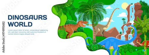 Prehistoric dinosaurs in paper cut banner, Jurassic giant lizard characters, vector background. Kids dino park or paleontology museum and dinosaurs world banner with funny T-rex tyrannosaurus