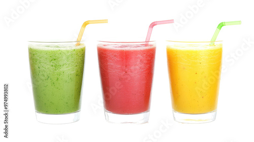 Three colorful smoothies with straws