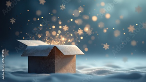 Fototapeta Naklejka Na Ścianę i Meble -  Snowflakes flying out of a box, light background