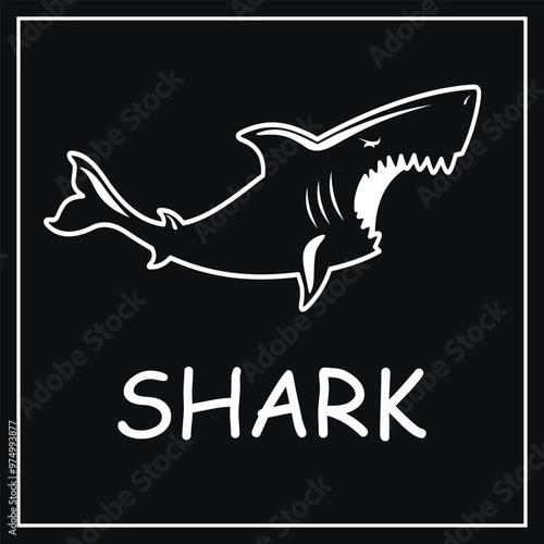White logo of a dangerous shark. Vector on black background